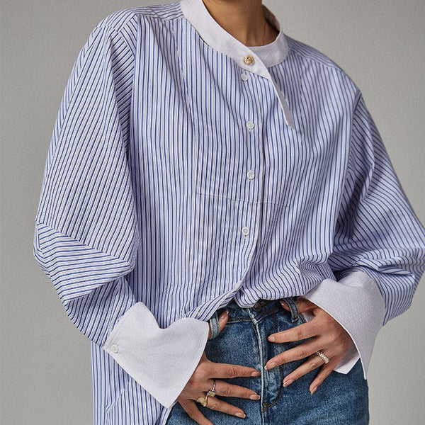 韓国ファッション SELCA-ストライプノーカラーシャツ-2024ss-0021-01