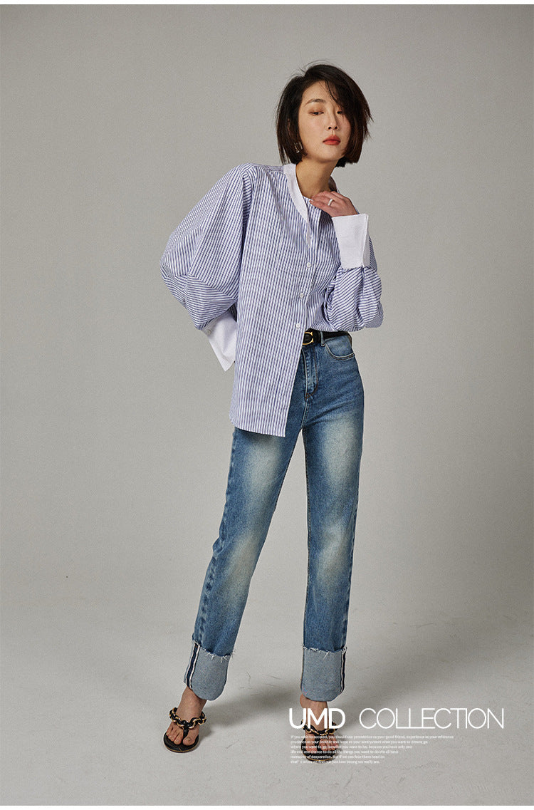 韓国ファッション SELCA-ストライプノーカラーシャツ-2024ss-0021-011