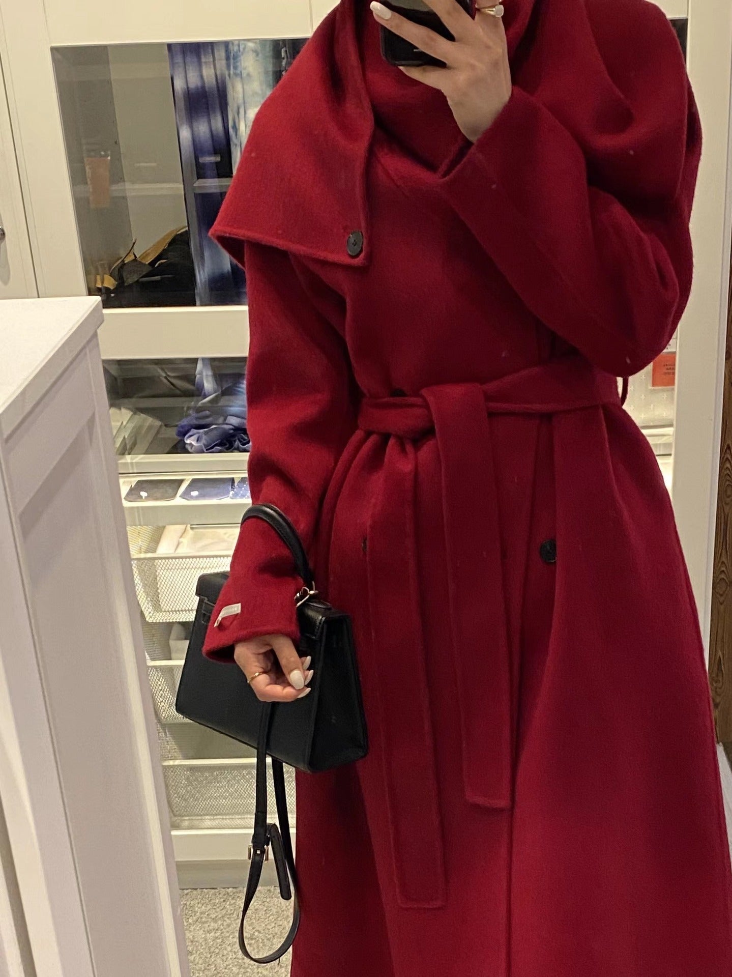 韓国ファッション SELCA-スカーフ風ダブルボタンロングコート-2023aw-ou44-015