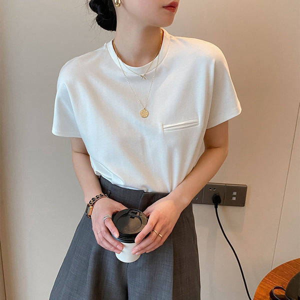 韓国ファッション SELCA-ポケットコットンTシャツ-2024ss-0050-01