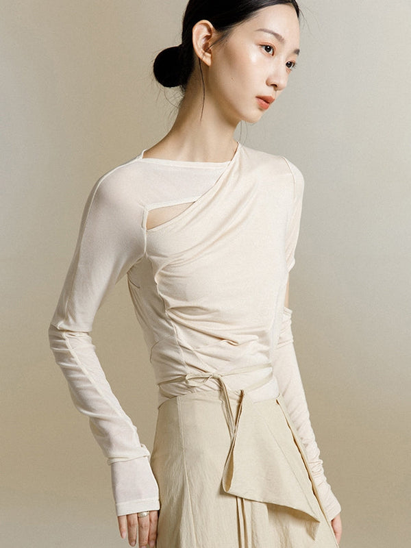 韓国ファッション SELCA-異素材アシメントリーシアートップス-2024ss-0039-01