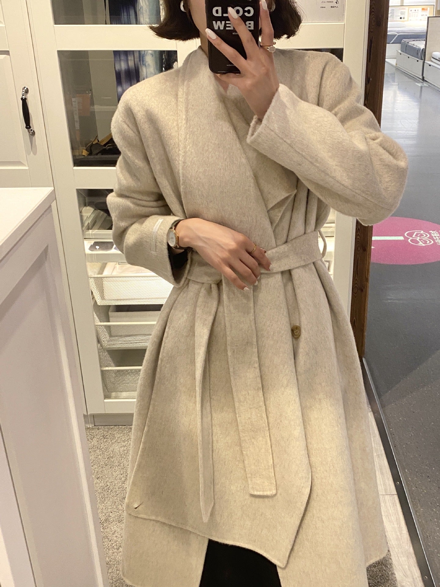 韓国ファッション SELCA-スカーフ風ダブルボタンロングコート-2023aw-ou44-014