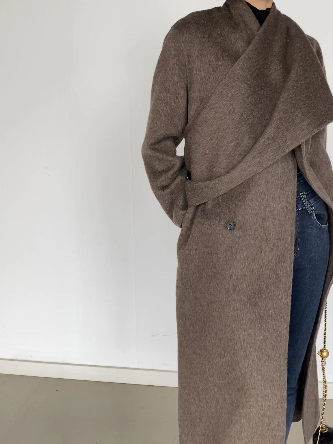 韓国ファッション SELCA-スカーフ風ダブルボタンロングコート-2023aw-ou44-023
