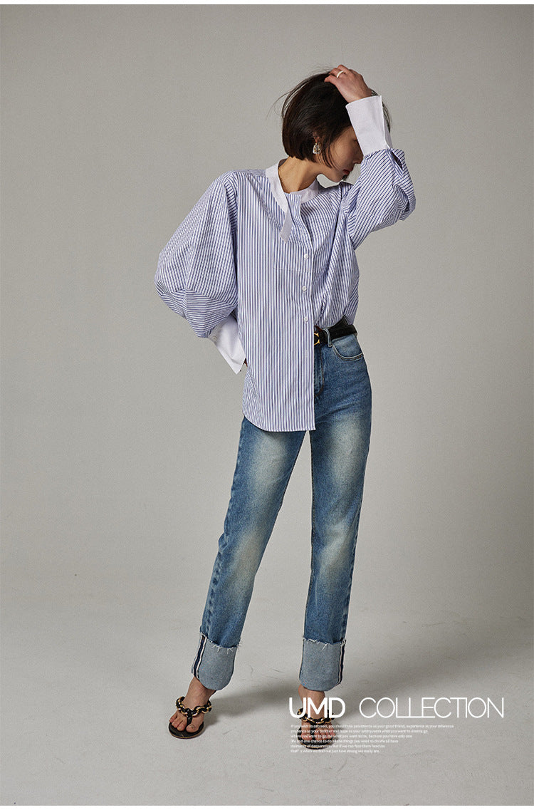 韓国ファッション SELCA-ストライプノーカラーシャツ-2024ss-0021-09