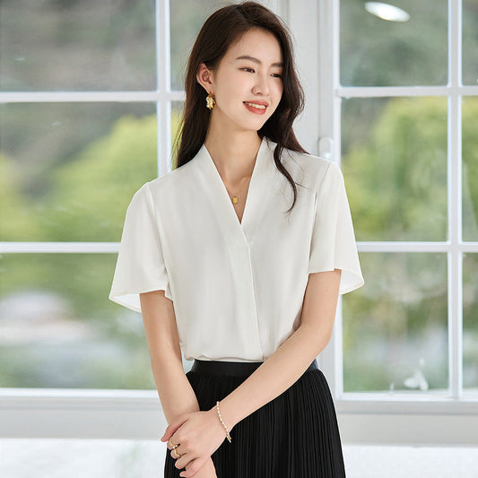 韓国ファッション SELCA-Vネックホワイトブラウス-2024ss-140-01