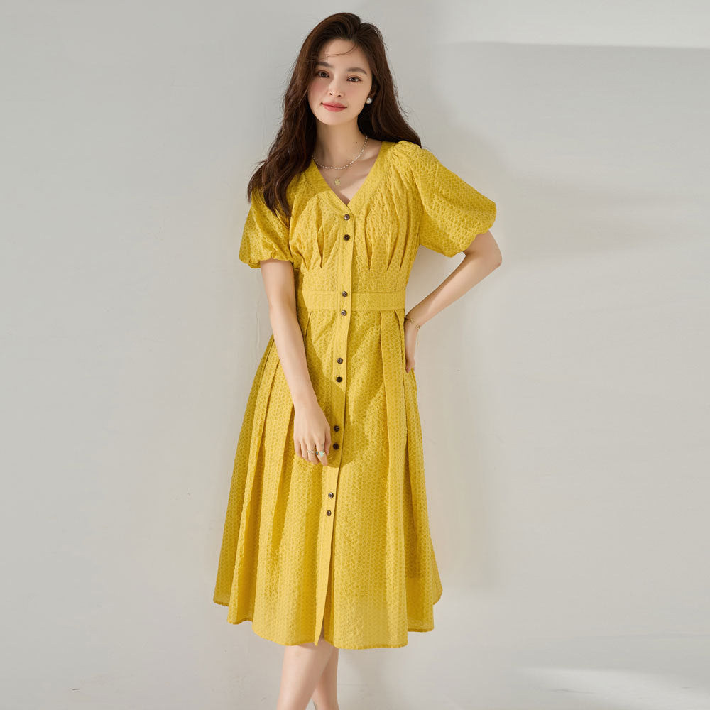 韓国ファッション SELCA-パフスリーブプリーツワンピース-2024ss-134-07
