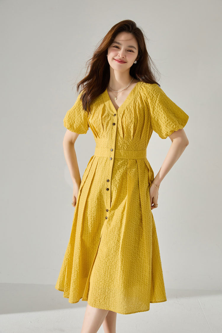 韓国ファッション SELCA-パフスリーブプリーツワンピース-2024ss-134-010