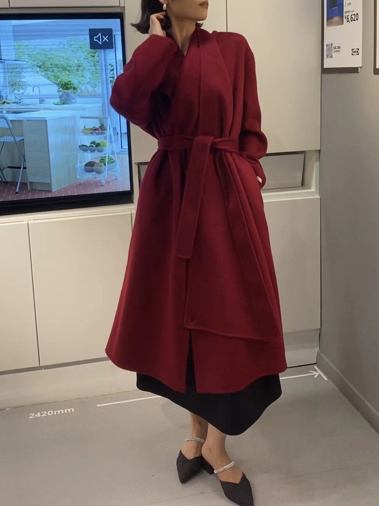 韓国ファッション SELCA-スカーフ風ダブルボタンロングコート-2023aw-ou44-016
