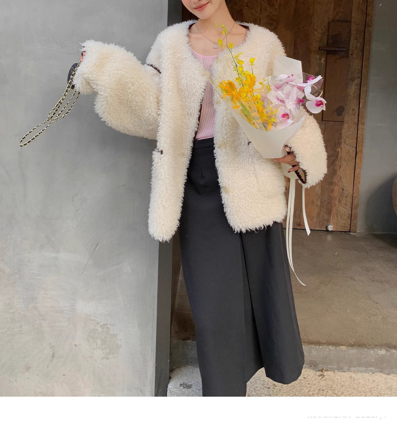 韓国ファッション SELCA-ボアホワイトジャケット-2023aw-ou53-015