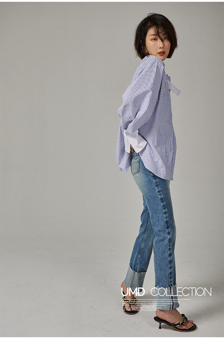 韓国ファッション SELCA-ストライプノーカラーシャツ-2024ss-0021-010