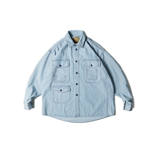 韓国ファッション SELCA-multi-pocket blue striped shirt-mselca2024ss-013-01