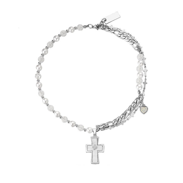 韓国ファッション SELCA-Cross Pearl Necklace-mselca2023aw215-01