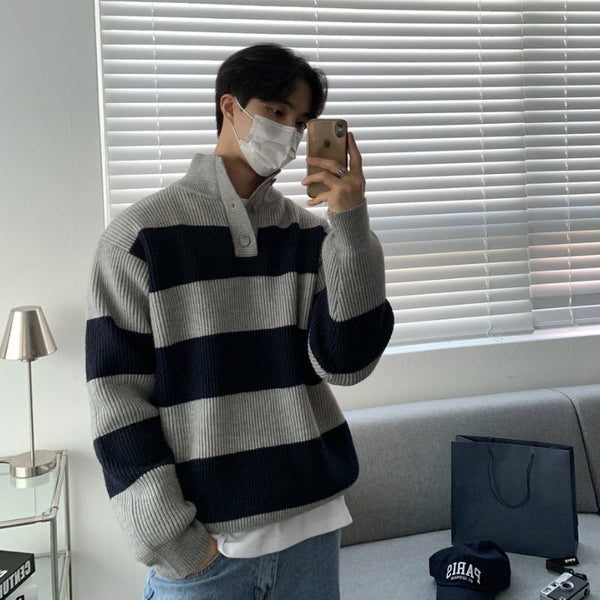 韓国ファッション SELCA-Stand collar border knit sweater-mselca2023aw785-01