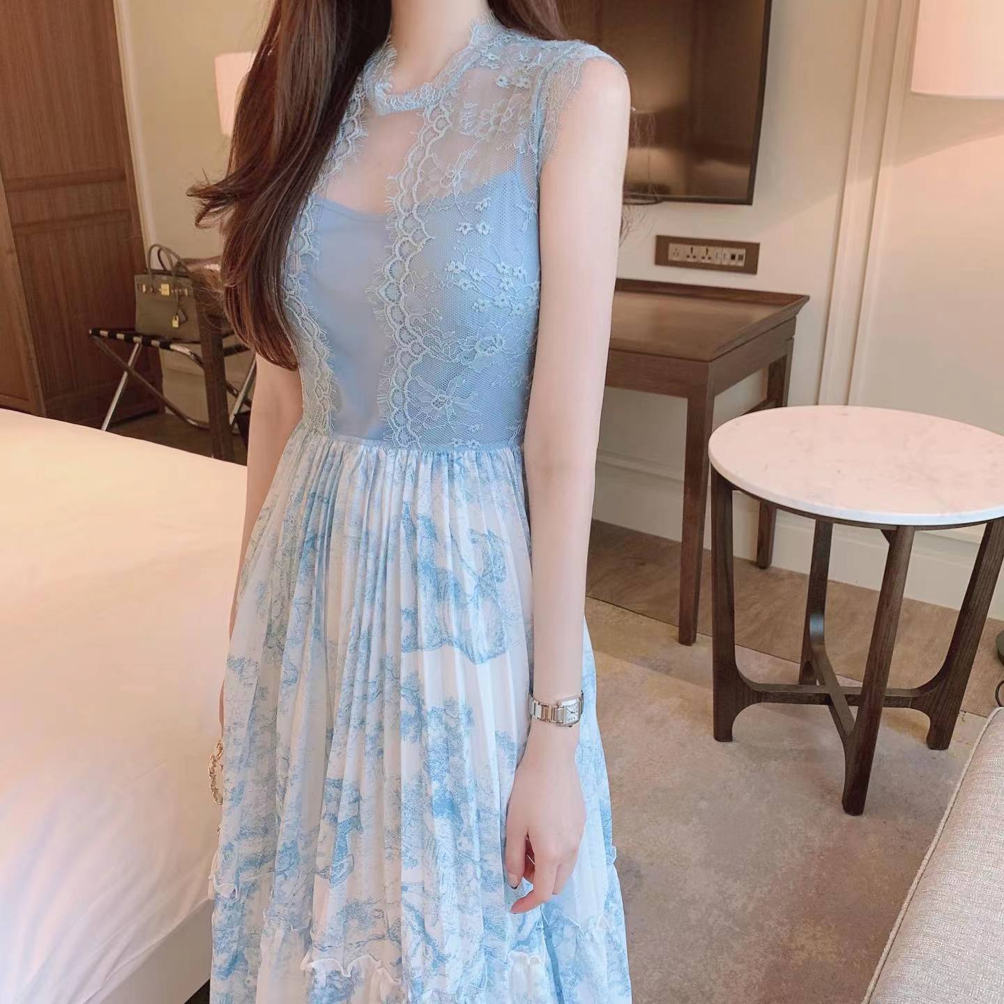 韓国ファッション SELCA-レース切替フラワープリーツワンピース-2023ss-op36-02