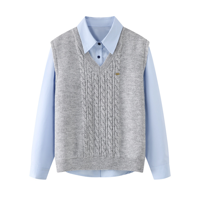 韓国ファッション SELCA-シャツ+ニットベストセットアップ-フレンチベルスリーブカーディガンのコピー-01