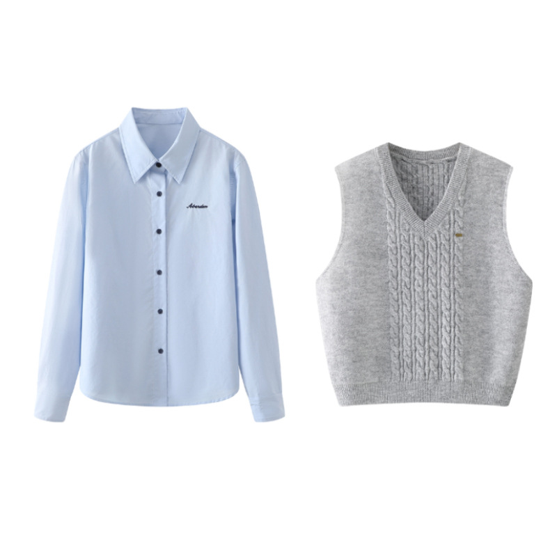 韓国ファッション SELCA-シャツ+ニットベストセットアップ-フレンチベルスリーブカーディガンのコピー-02