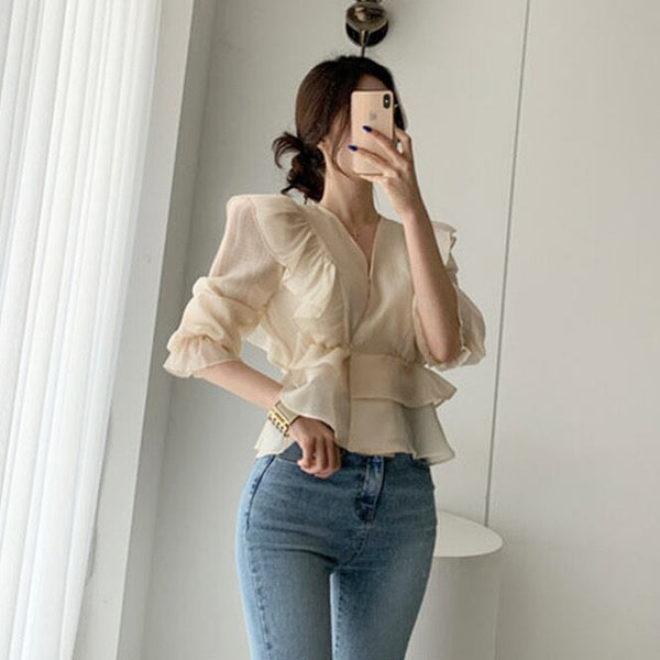 韓国ファッション SELCA-Vネックフリルシフォンシャツ-2023ss-tp25-05