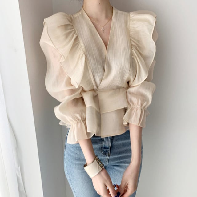 韓国ファッション SELCA-Vネックフリルシフォンシャツ-2023ss-tp25-01