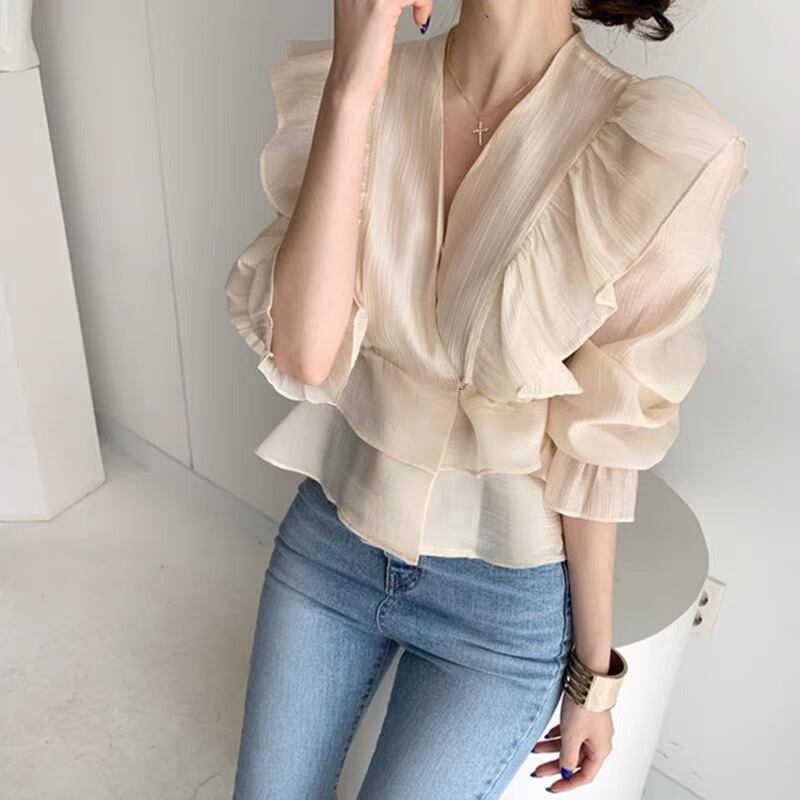 韓国ファッション SELCA-Vネックフリルシフォンシャツ-2023ss-tp25-02