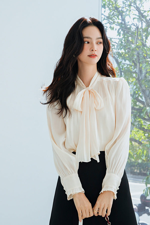 韓国ファッション SELCA-ボウタイサテンブラウス-2024ss-tp2-022