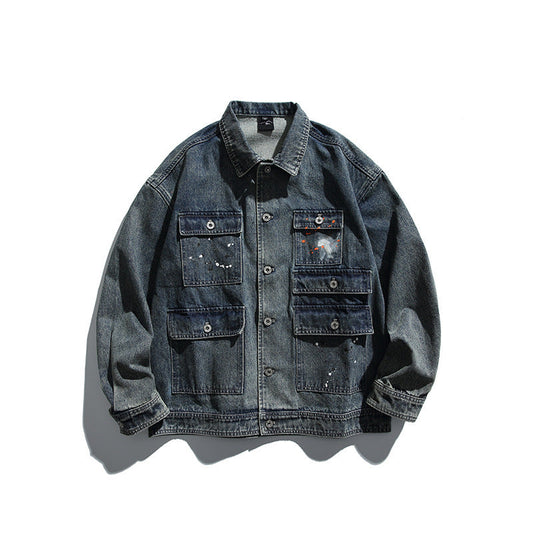 韓国ファッション SELCA-Work Jacket Washed Distressed Lapel Denim Jacket-mselca2024ss-083-01
