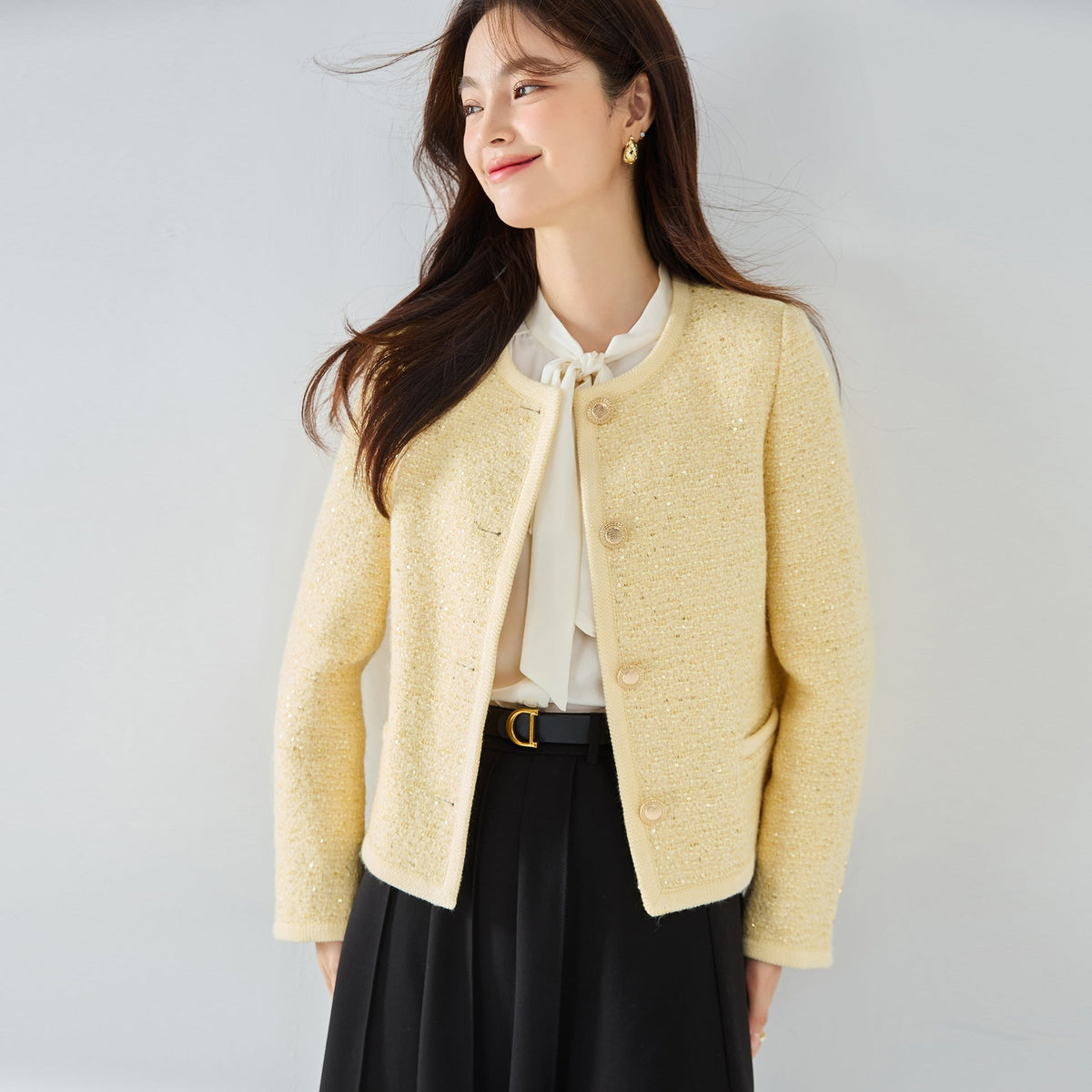 韓国ファッション SELCA-ファンシーツイードスパンコールショートジャケット-2024ss-ou17-012