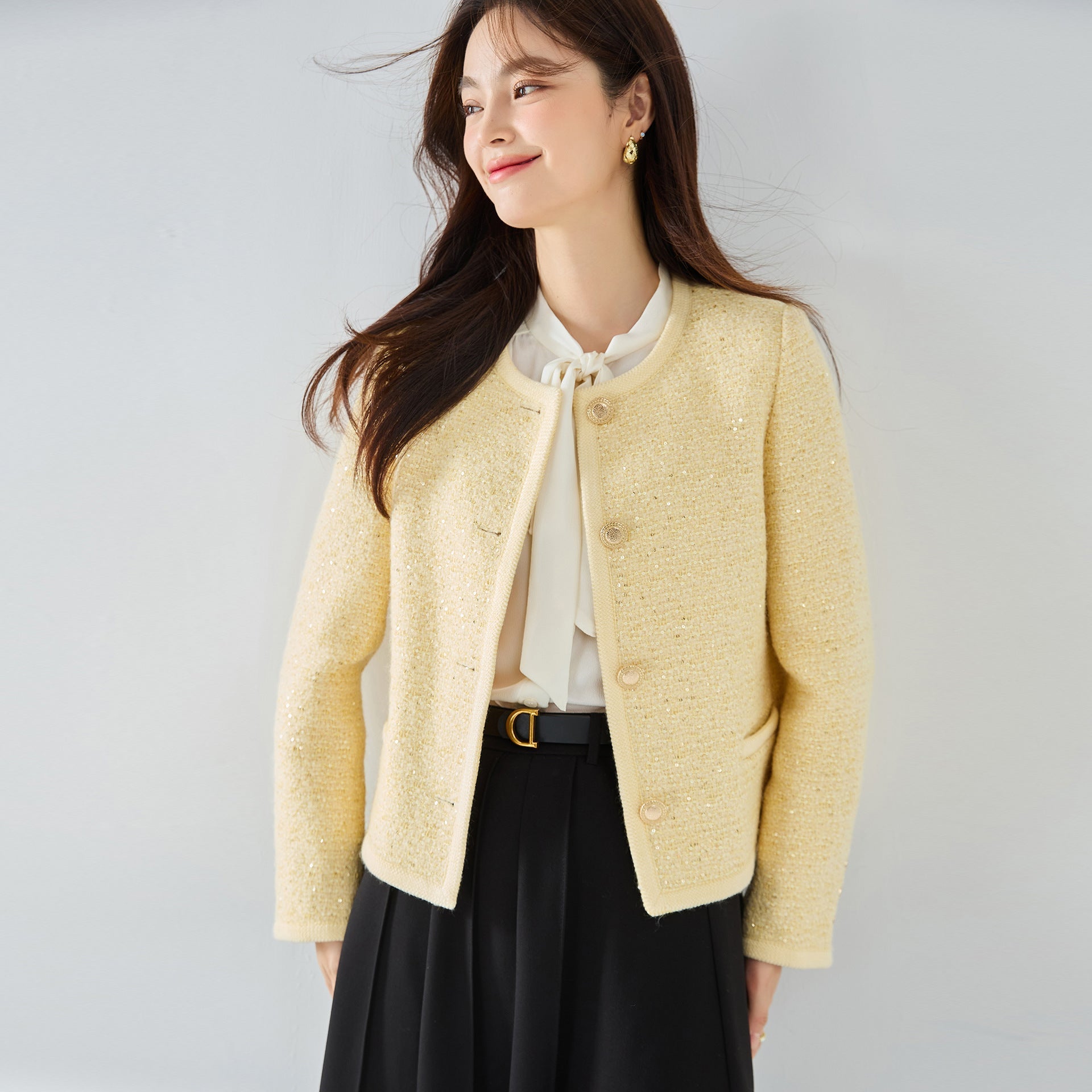 韓国ファッション SELCA-ファンシーツイードスパンコールショートジャケット-2024ss-ou17-012