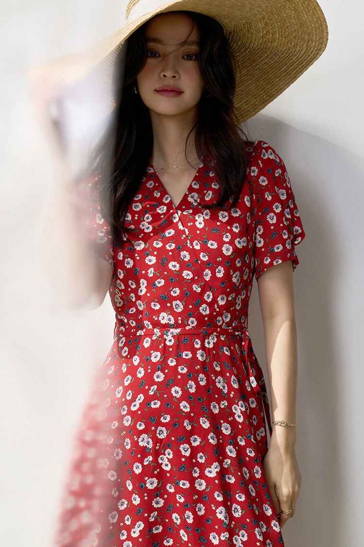 韓国ファッション SELCA-フラワーレッドシフォンワンピース-2024ss-154-011