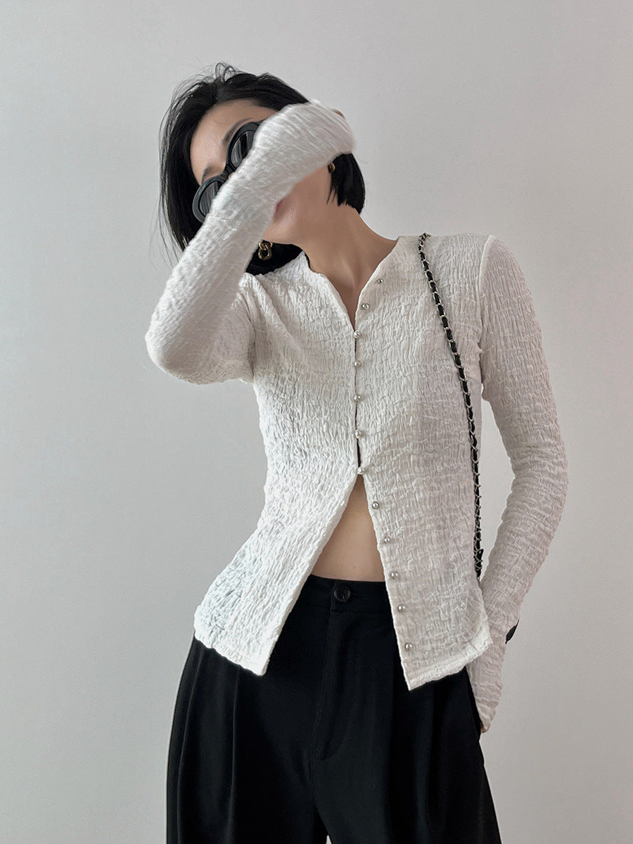 韓国ファッション SELCA-パールボタンタイトカーディガン-2024ss-0059-02