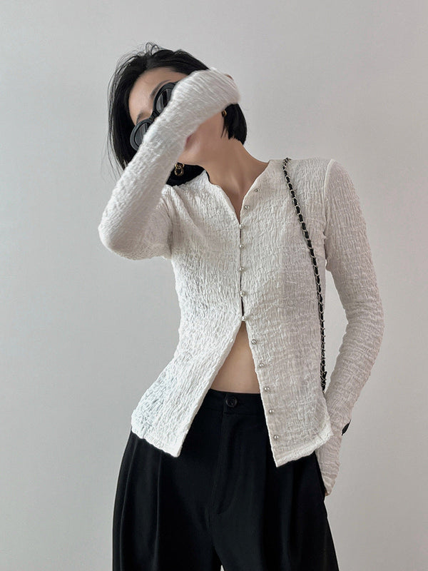 韓国ファッション SELCA-パールボタンタイトカーディガン-2024ss-0059-02
