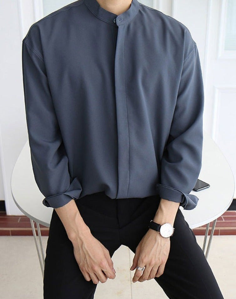 韓国ファッション SELCA-collarless casual shirt-2024ss-tp06-010