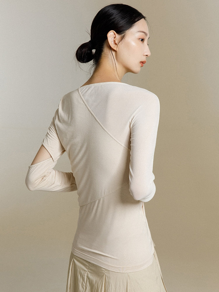 韓国ファッション SELCA-異素材アシメントリーシアートップス-2024ss-0039-04