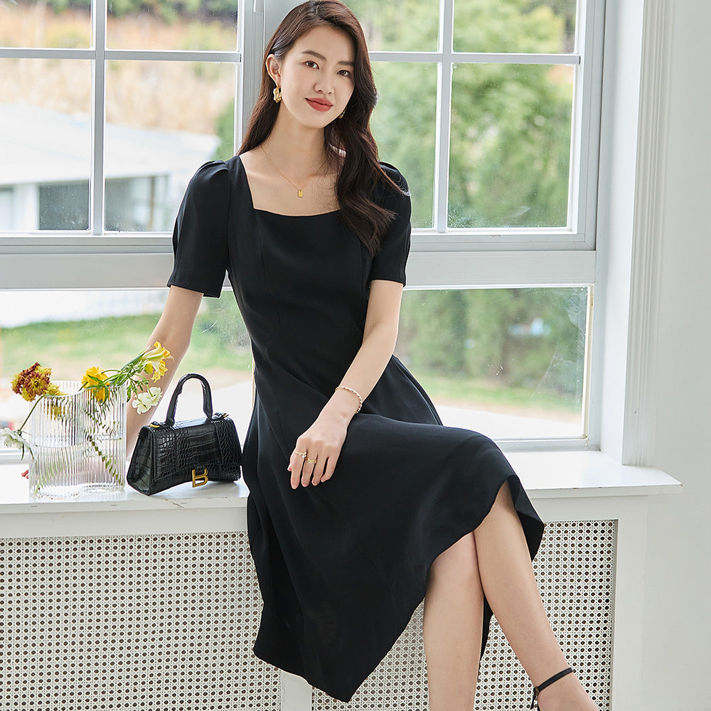 韓国ファッション SELCA-スクエアネックブラックドレス-2024ss-93-03