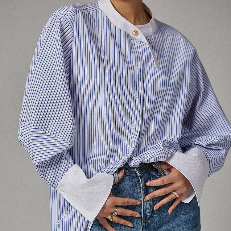 韓国ファッション SELCA-ストライプノーカラーシャツ-2024ss-0021-01