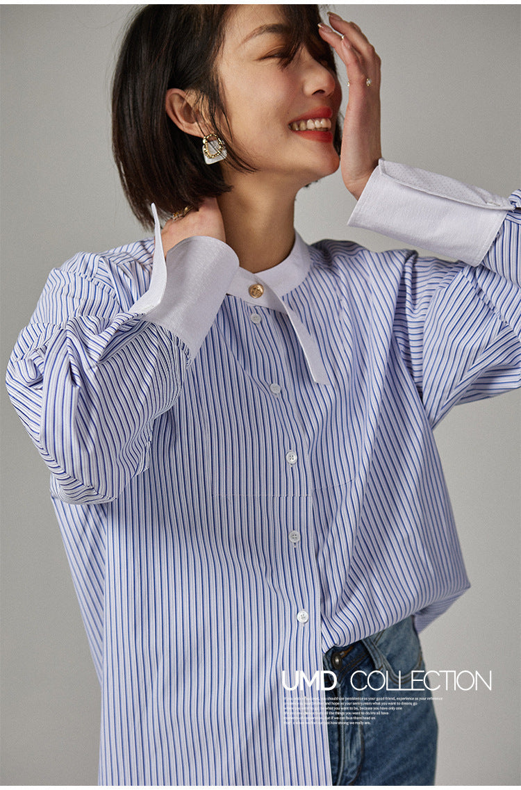 韓国ファッション SELCA-ストライプノーカラーシャツ-2024ss-0021-05