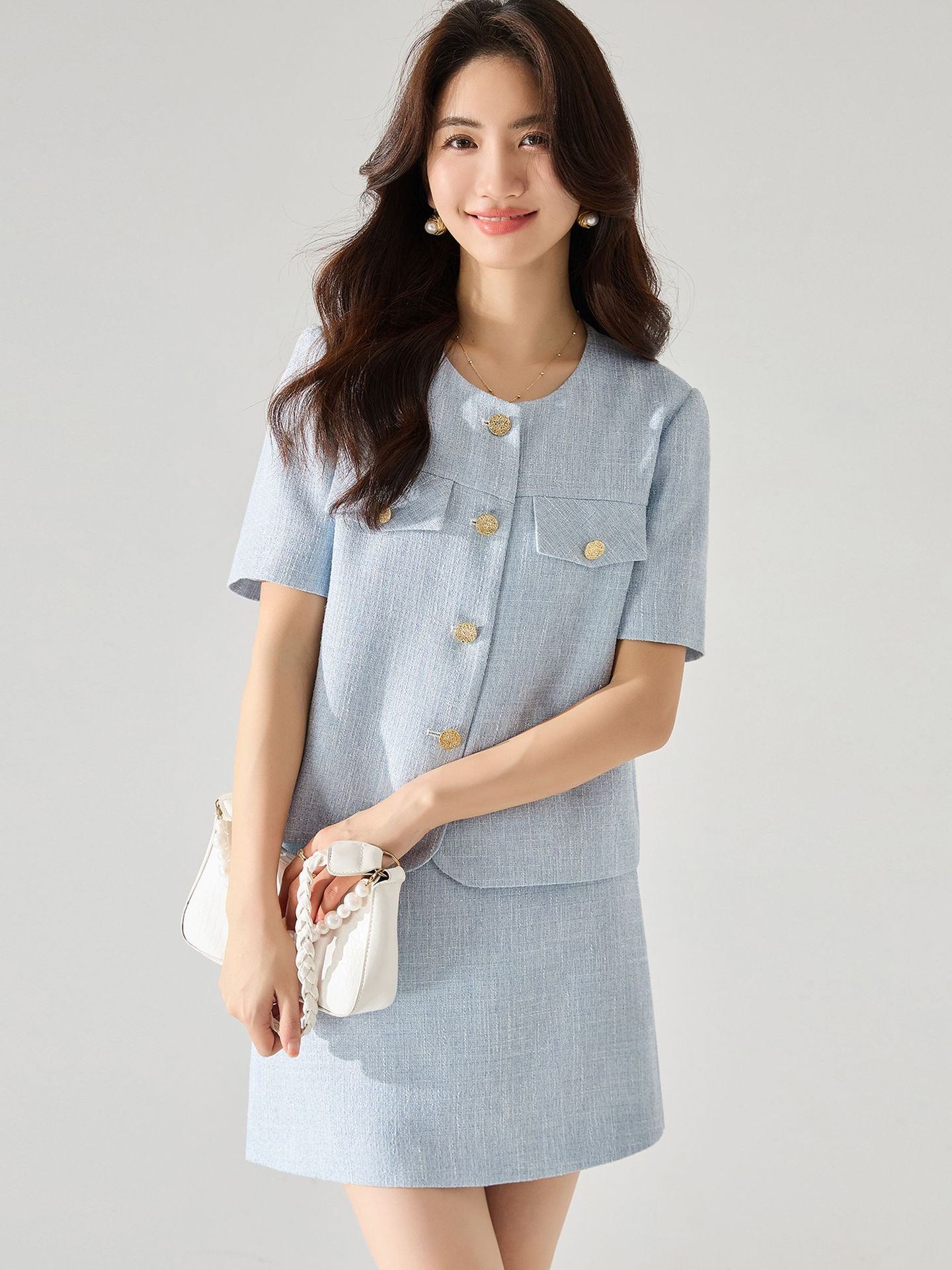 韓国ファッション SELCA-24 サマーライトウェイト、クール、スリム、ホワイト、ショートスリーブスーツトップ 15580 ショートスカート 15581 ツーピースセット-2024ss-161-02