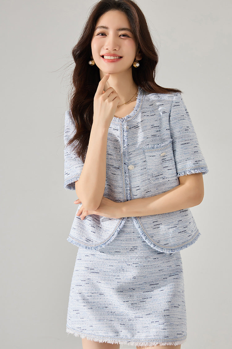 韓国ファッション SELCA-ブルーツイードショートジャケット-2024ss-156-010