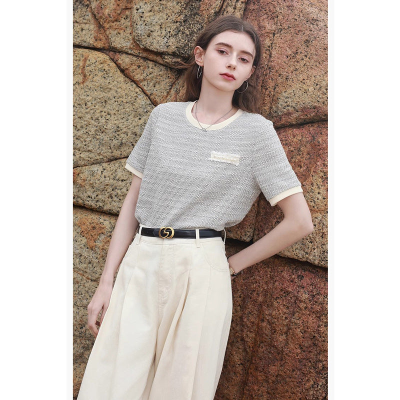 韓国ファッション SELCA-異素材ラウンドネックハーフスリーブシャツ-2024ss-74-06