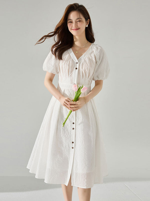 韓国ファッション SELCA-パフスリーブプリーツワンピース-2024ss-134-03