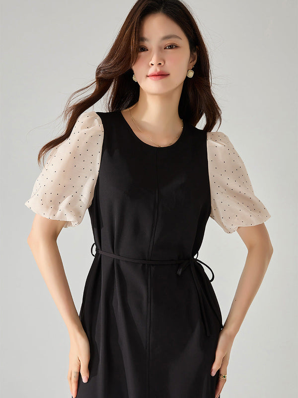 韓国ファッション SELCA-ウエストリボンパフスリーブワンピース-2024ss-86-02
