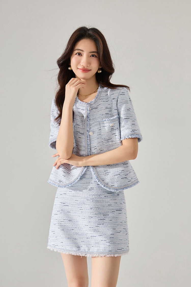 韓国ファッション SELCA-ブルーツイードショートジャケット-2024ss-156-011
