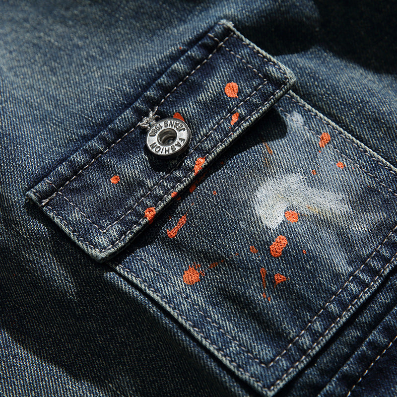 韓国ファッション SELCA-Work Jacket Washed Distressed Lapel Denim Jacket-mselca2024ss-083-04