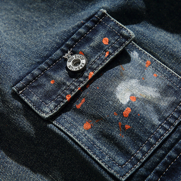 韓国ファッション SELCA-Work Jacket Washed Distressed Lapel Denim Jacket-mselca2024ss-083-04