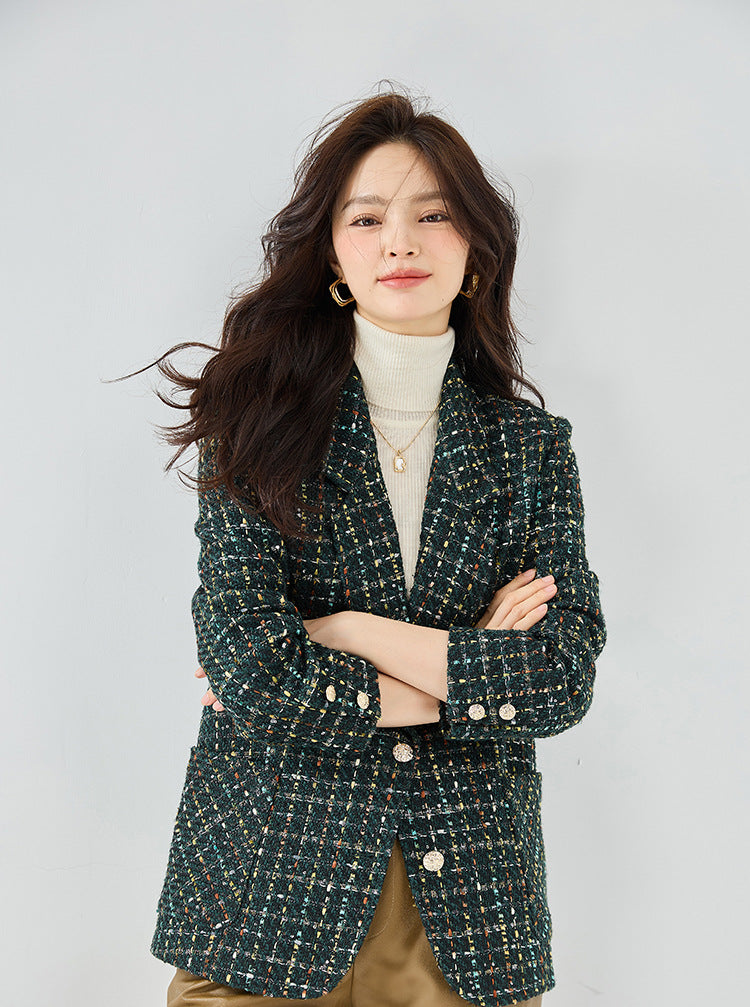 韓国ファッション SELCA-ダークグリーンツイードジャケット-2023aw-ot23-012