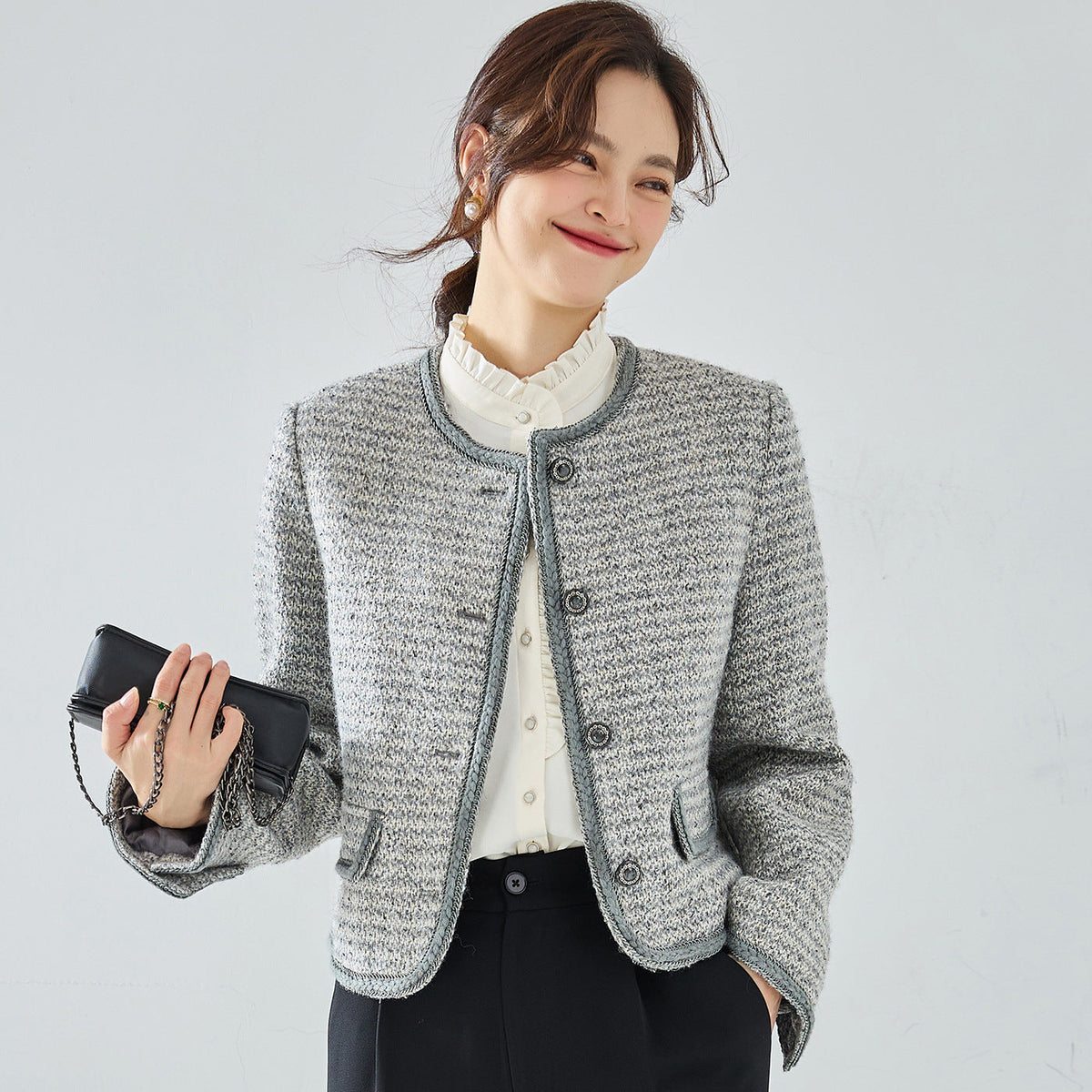 韓国ファッション SELCA-ラウンドネックパイピンググレーツイードジャケット-2024ss-ou20-09
