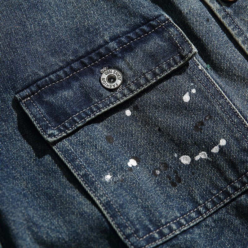 韓国ファッション SELCA-Work Jacket Washed Distressed Lapel Denim Jacket-mselca2024ss-083-08