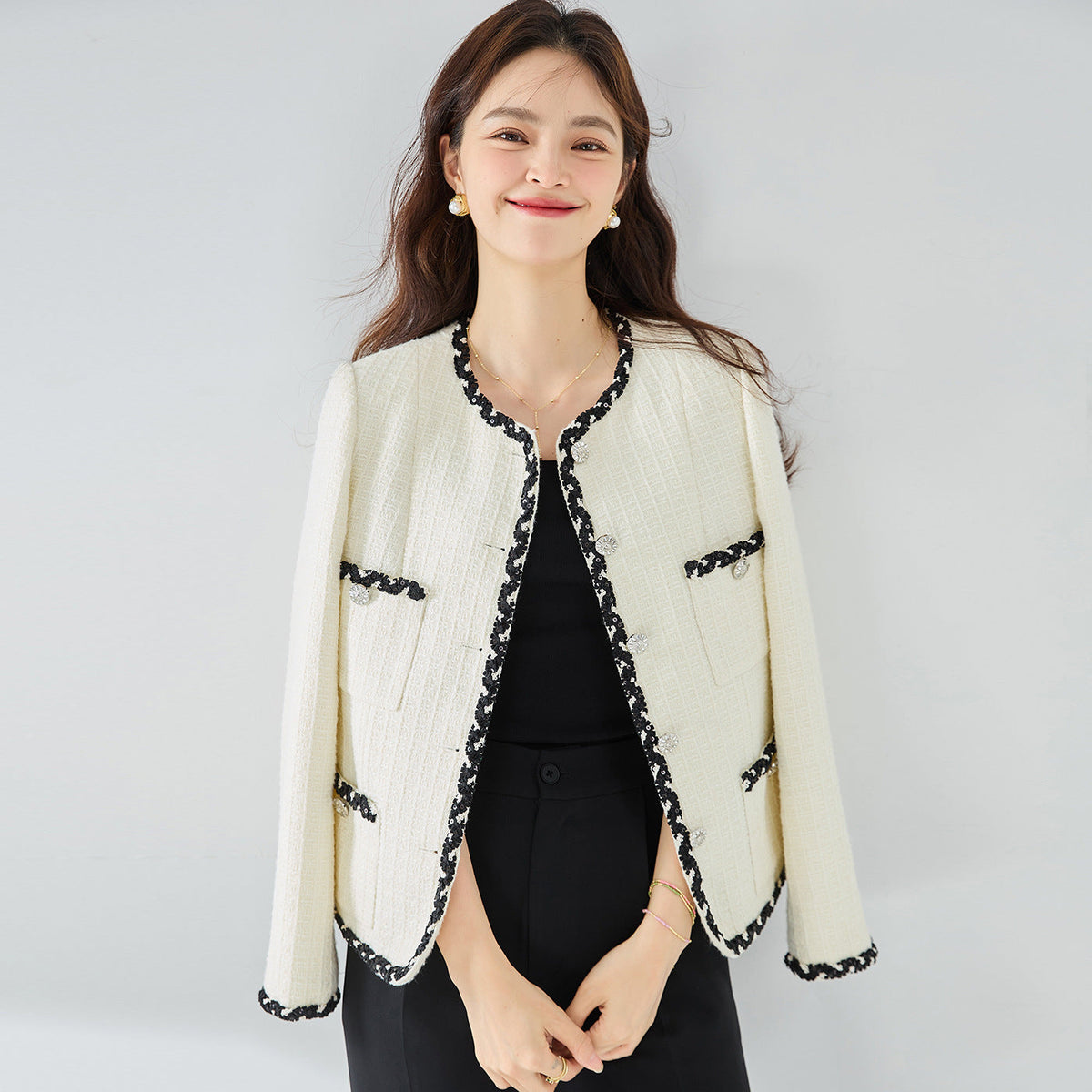 韓国ファッション SELCA-モノトーンパイピングツイードジャケット-2024ss-ou21-01