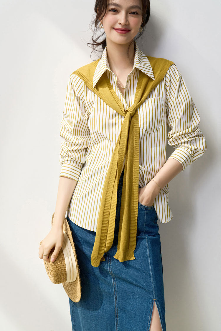韓国ファッション SELCA-ストライプシャツ&カーディガンセット-2024ss-88-010