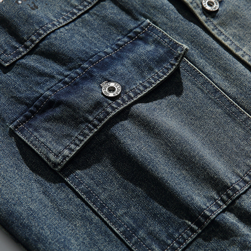 韓国ファッション SELCA-Work Jacket Washed Distressed Lapel Denim Jacket-mselca2024ss-083-06