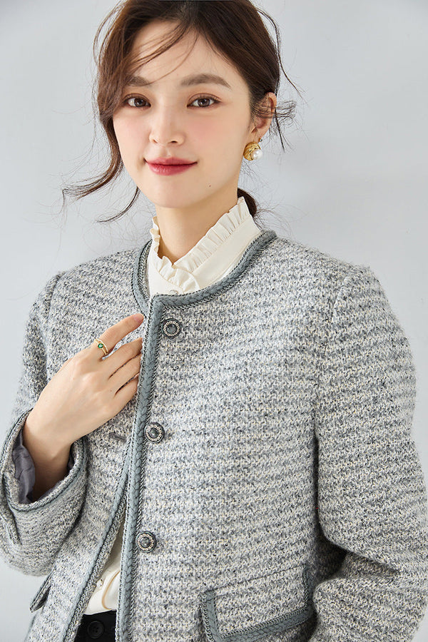 韓国ファッション SELCA-ラウンドネックパイピンググレーツイードジャケット-2024ss-ou20-05